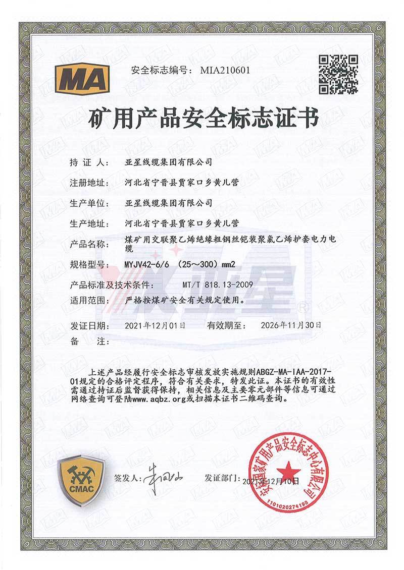 矿用产品安全标志证书MYJV42  6-6