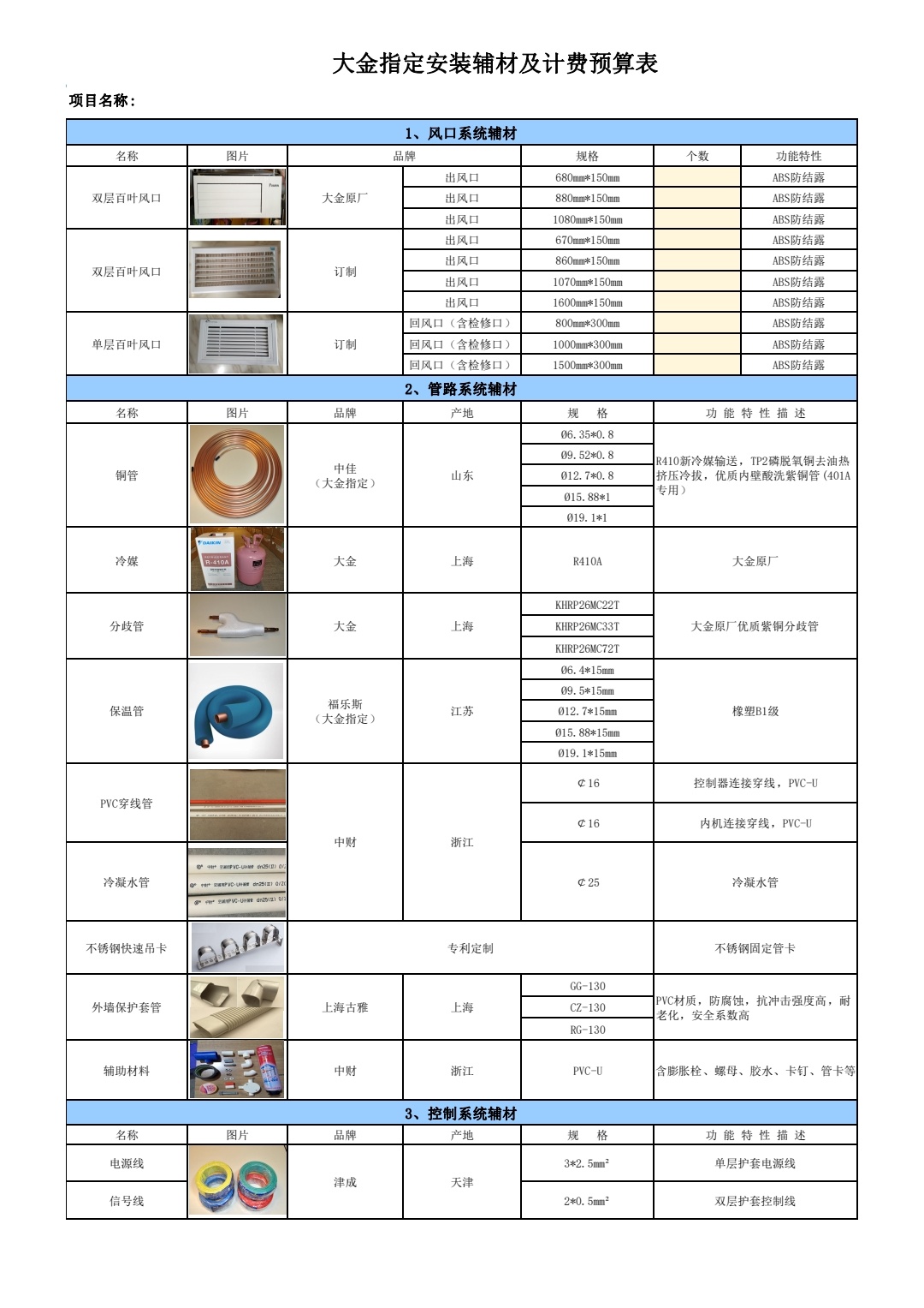 大金指定安裝輔材及計費