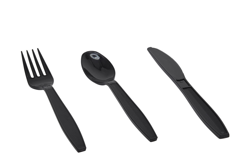 restaurant utensil packed wrapped black heavy weight plastic cutlery disposable spork plastic fork and knife