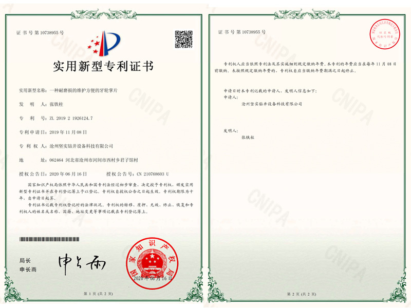 一种耐磨损的维护方便的牙轮掌片实用新型专利证书(1)