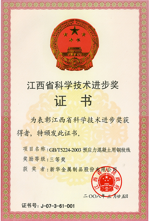 Jiangxi Province Science and Technology Progress Third Prize (Steel Strand)