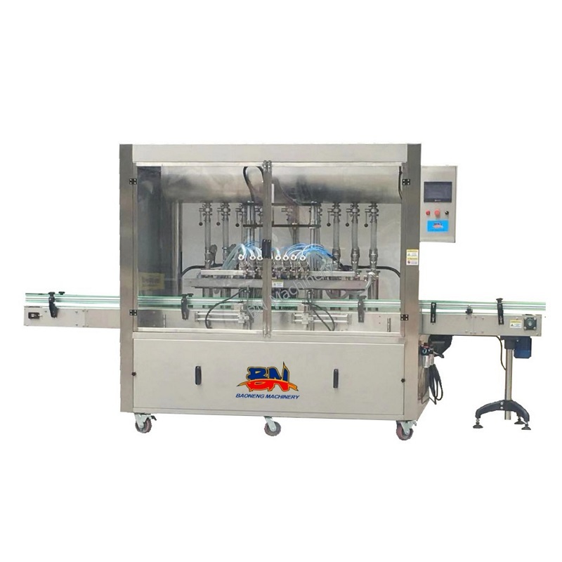 Automatic 8-nozzle liquid detergent servo piston filling machine with labor cap feeding platform