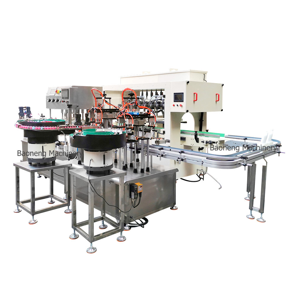 Fully-auto plastic liquid bleach toilet cleaner filling machine with bottle plugging capping labeling line