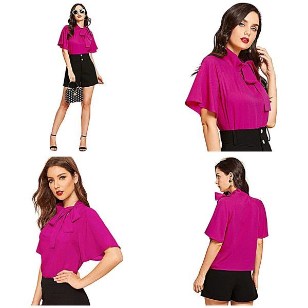 Casual Side Bow Tie Neck Short Sleeve Blouse