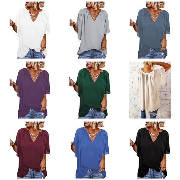 Loose V Neck Pleated Tunic Tops