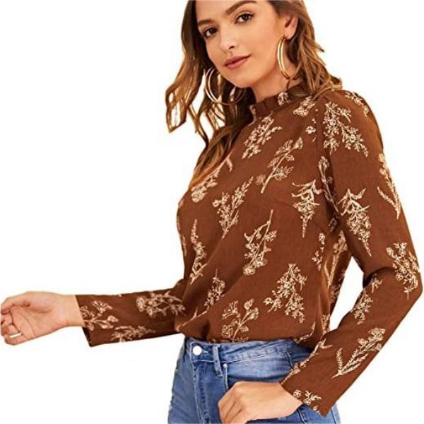 Floral Print Long Sleeve High Neck Georgette Chiffon Blouse