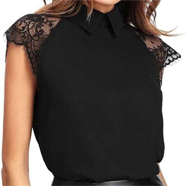 Lace Splice Collar Cap Sleeve Blouse