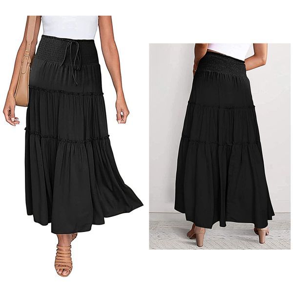 Elastic High Waist A Line Ruffle Swing Beach Maxi Skirt with Pockets