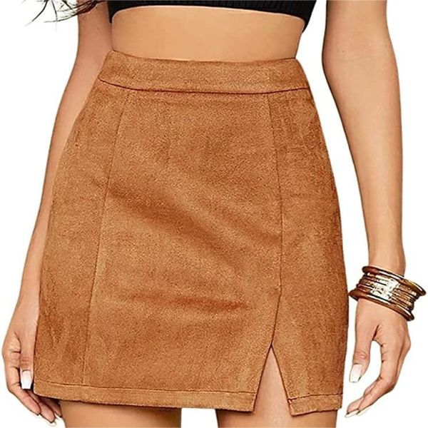 High Waist Faux Suede Side Split Bodycon Short Mini Skirt