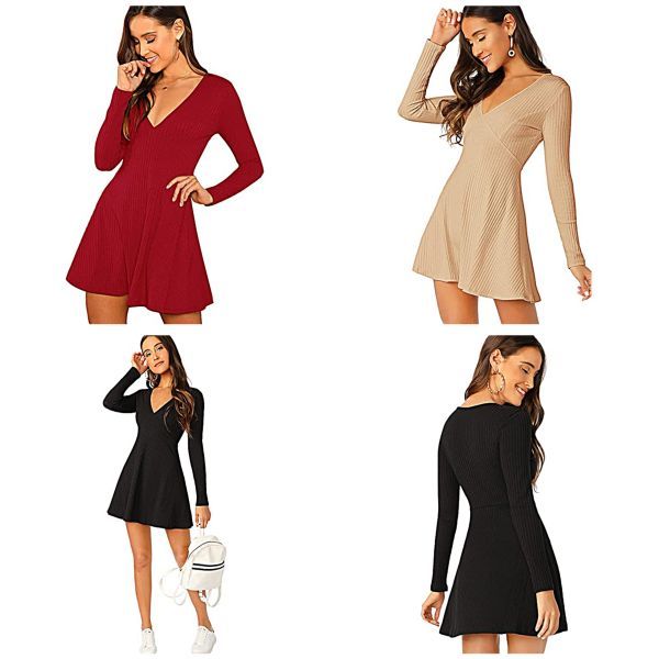 Long Sleeve Ribbed Short Skater Dress