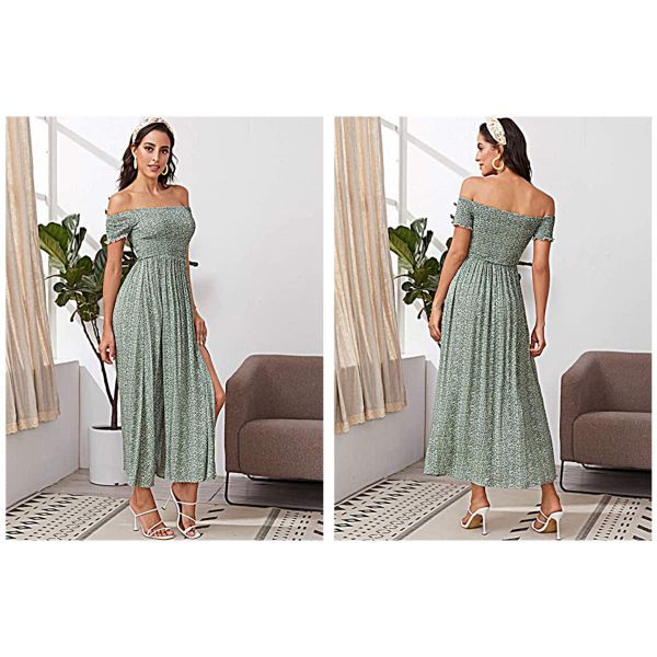 Print Off Shoulder Split Long A Line Dress