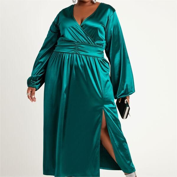 Faux Wrap Stretch Satin Maxi Dress