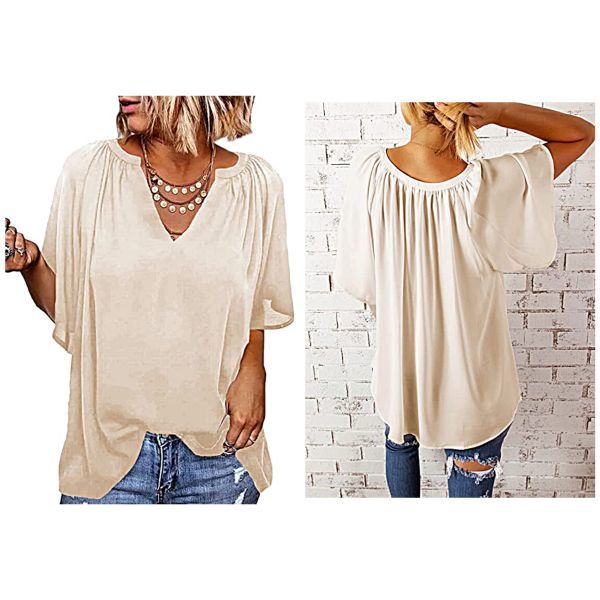 Loose V Neck Pleated Tunic Tops