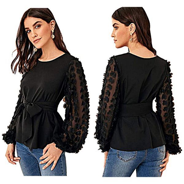 Mesh Embroidered Floral Sleeve Self Belted Blouse