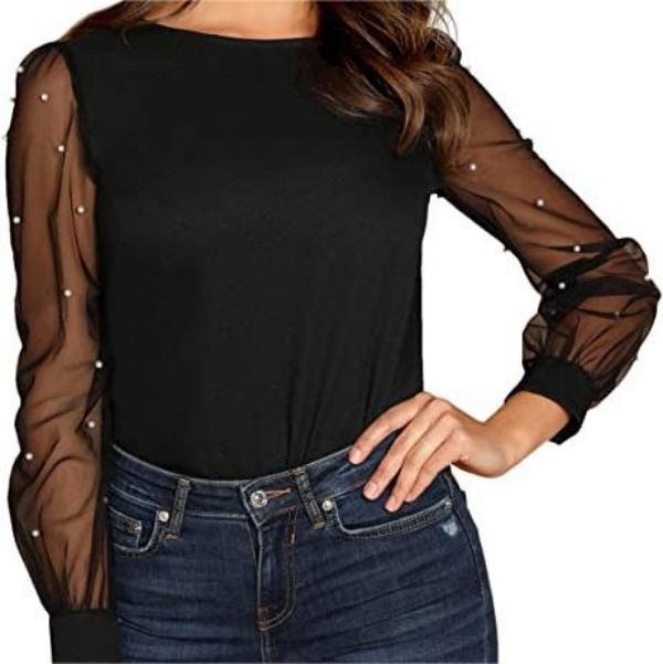 Pearl Sheer Mesh Long Sleeve Blouse