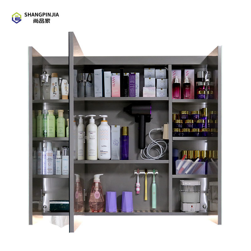 H9R3LS Wall hanging bathroom cabinet vanity Smart led mirrored cabinet storage bathroom stainless steel mirror cabinets with led light With drain rack