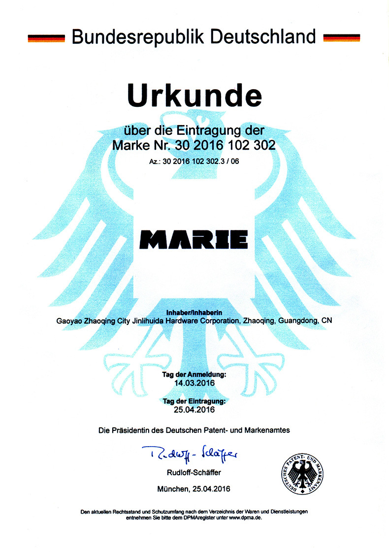 German MARIE trademark registration certificate