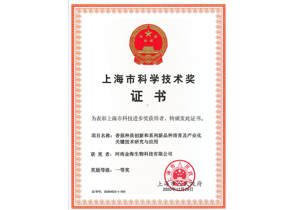 上海市科学技术奖证书