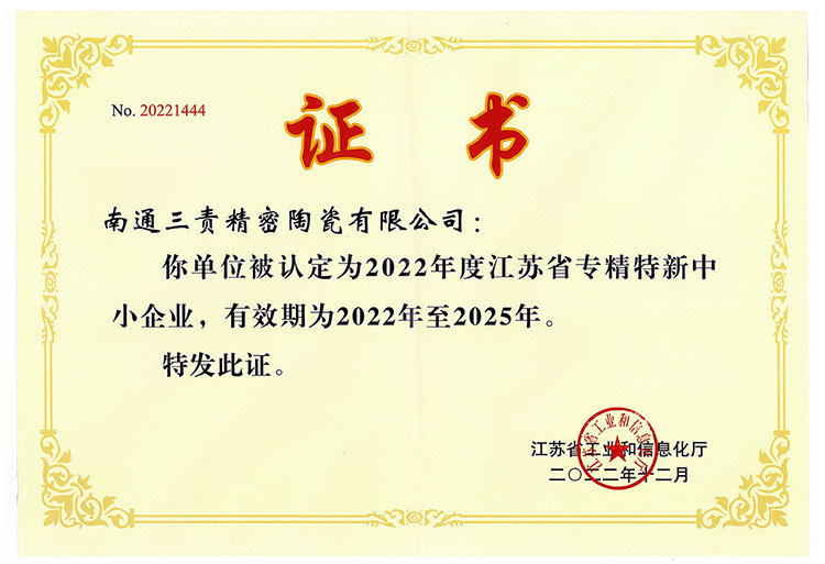 Jiangsu Province Specialized Special New Small and Medium-Sized Enterprises - Certificate