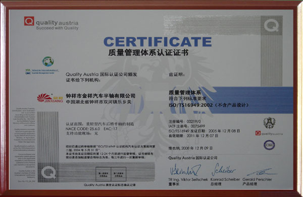 2008年TS16949：2002質量體系證書