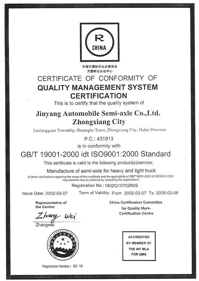 9001 Quality Management System Certificate