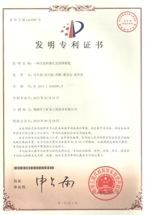 Patent Certificate of Microcellular Foaming Film Gun