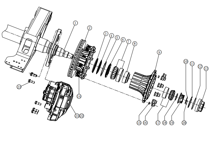HJS09R07P14-2040DE-080 9-ton disc brake axle. Exploded view