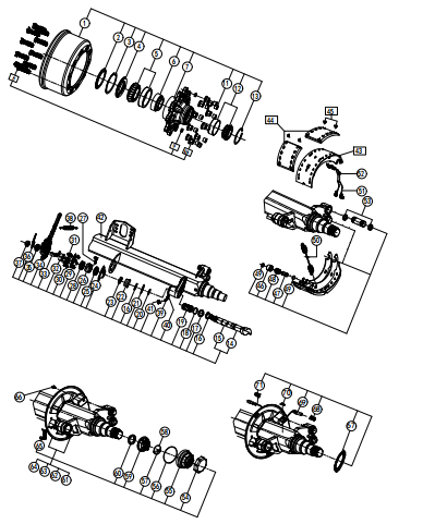 HJS09X15AK2040W120 9-ton drum brake axle. Exploded view