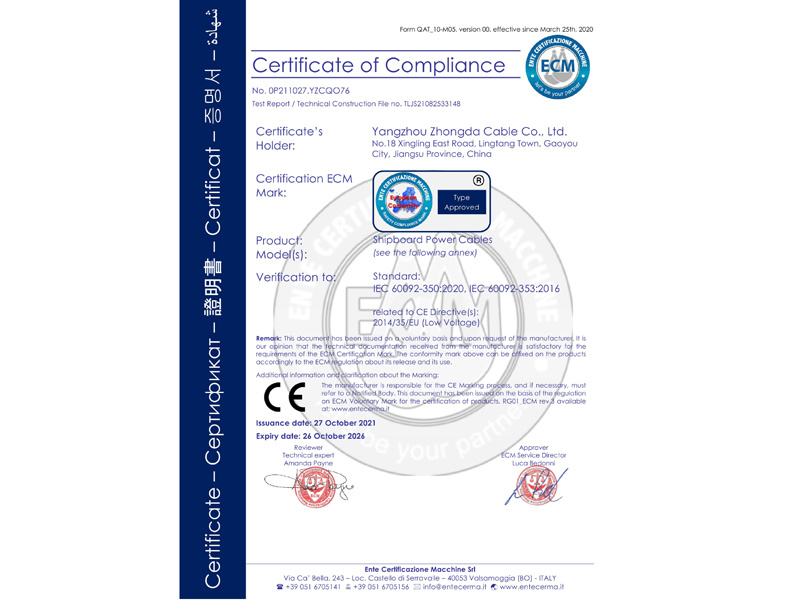 Certificat CE - Câbles d'alimentation de bord