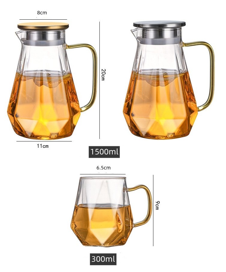 1500ml Glass Diamond Kettle Set 300ml glass mugs Glass Kettle with gold