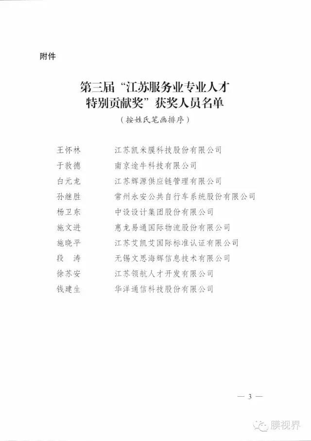 江蘇凱米膜科技股份有限公司董事長王懷林同志榮獲第三屆“江蘇服務業(yè)專業(yè)人才特別貢獻獎”