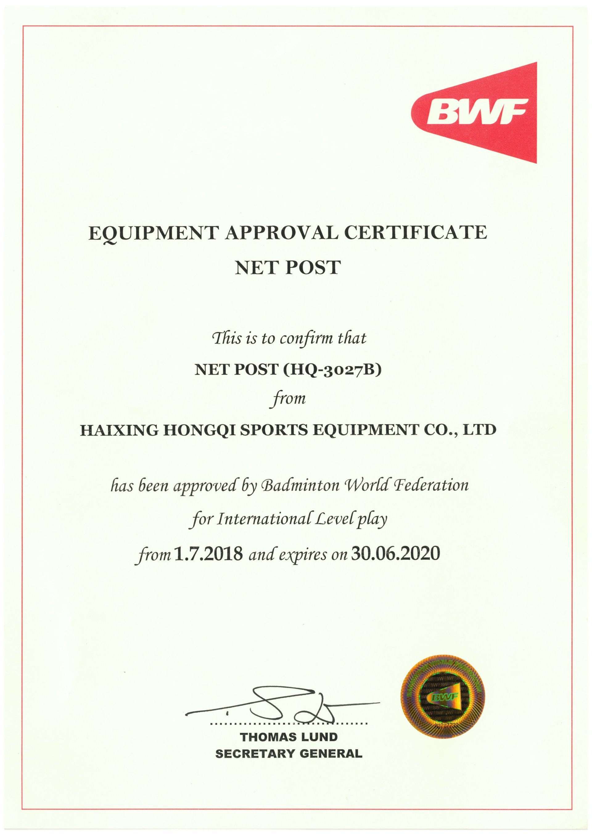 BWF CERTIFICATE 3027B