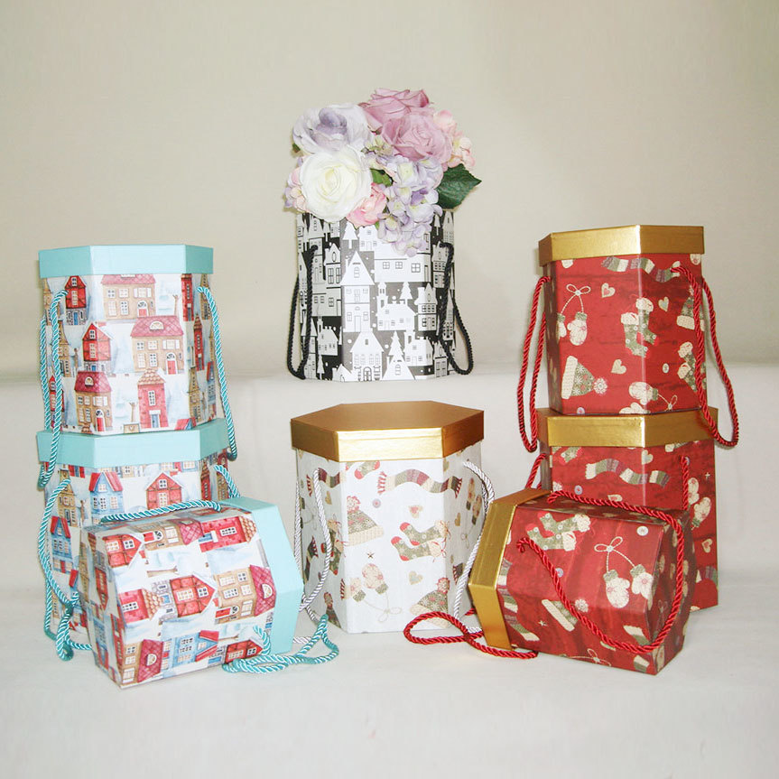 set of 3 hexagon box with christmas pattern