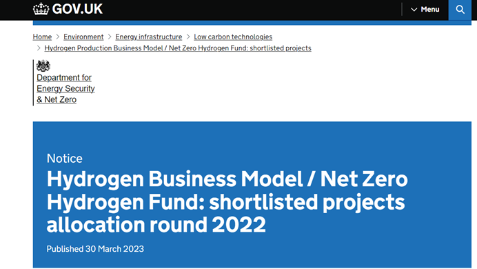 Hydrogen Business Model  Net Zero Hydrogen Fund shortlisted projects allocation round 2022