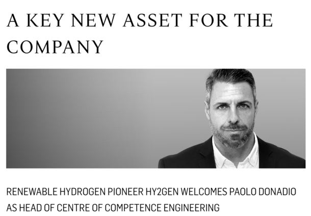 Renewable Hydrogen Pioneer Hy2Gen Welcomes Paolo Donadio As Head Of Centre Of Competence Engineering