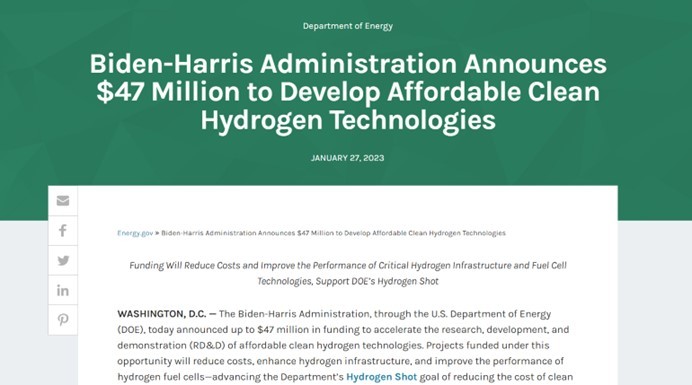 Biden-Harris Administration Announces $47 Million to Develop Affordable Clean Hydrogen Technologies