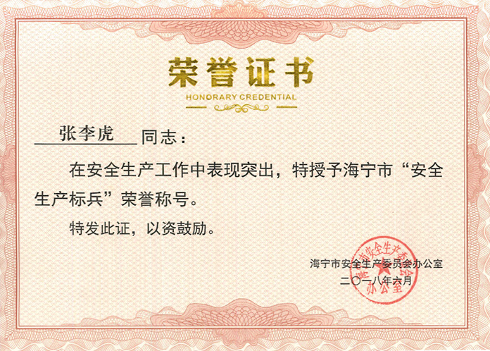 喜讯：我司张李虎同志获海宁市“安全生产标兵”荣誉称号