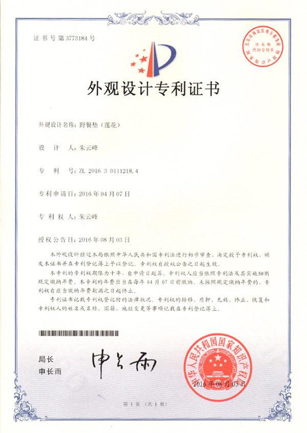 Design patent certificate