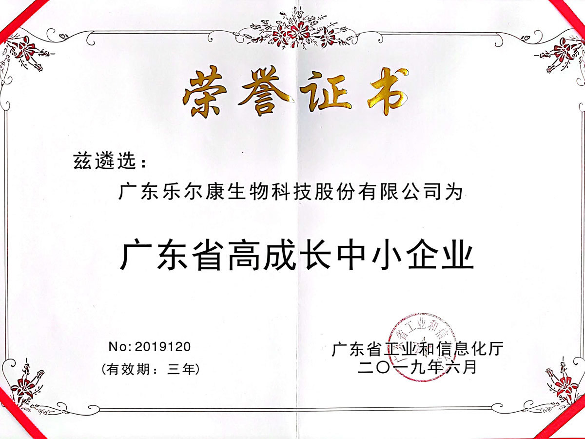 广东省高成长中小企业-荣誉证书