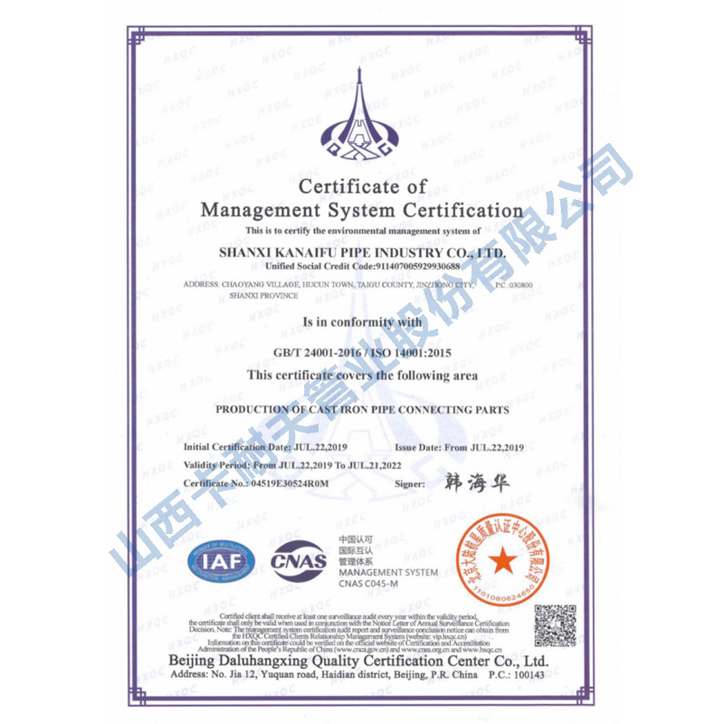 Certificate of Management System Certification