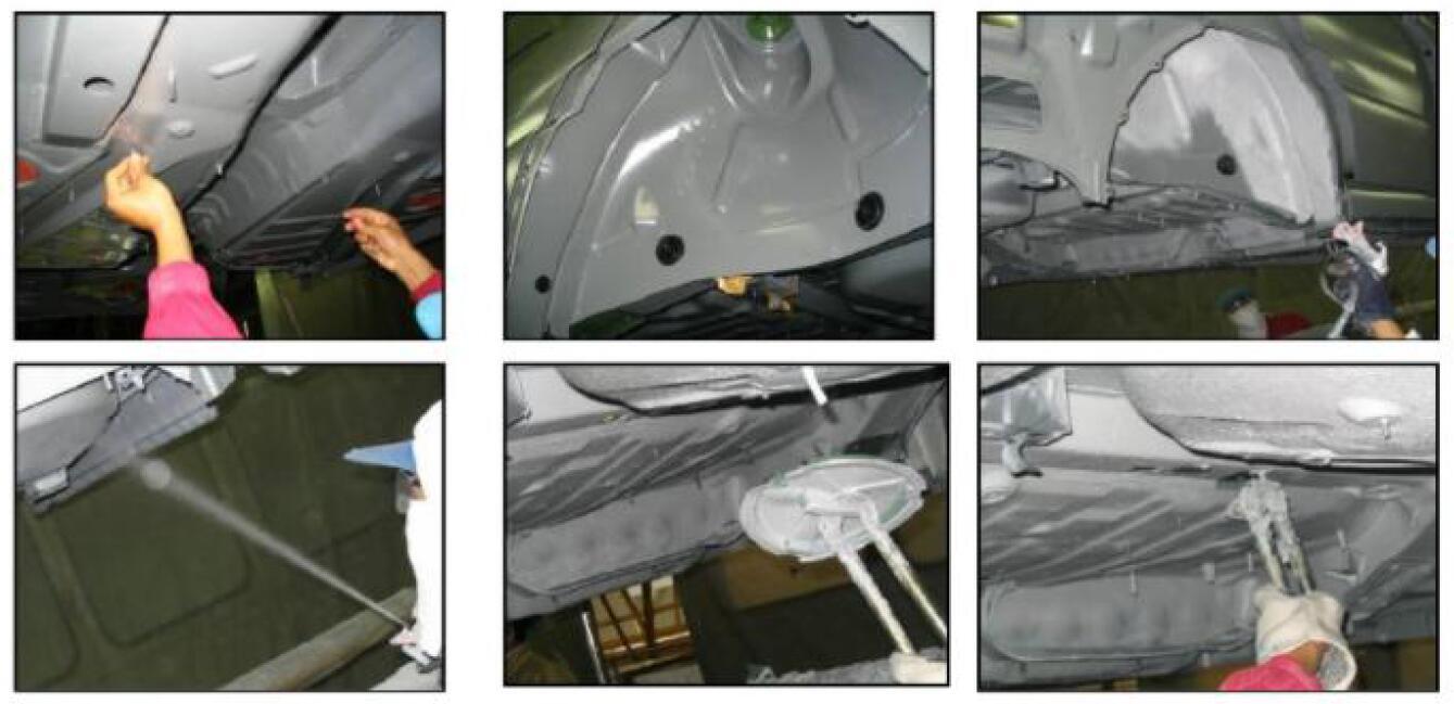 PVC抗石击涂料施工位置：底部及轮罩，底部喷涂厚度300-400μm，轮罩喷涂厚度400-500μm