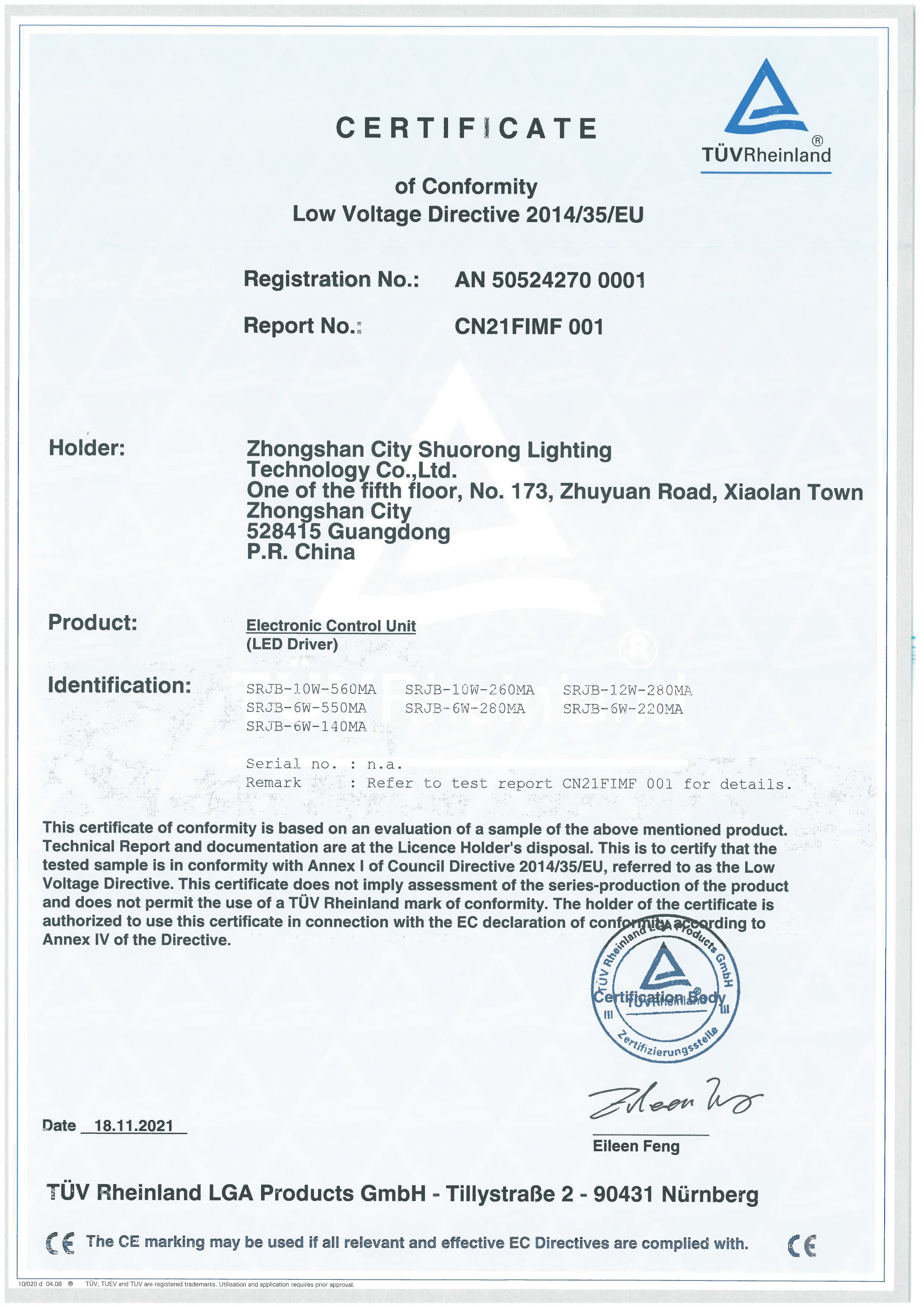 Certificate TUV LVD