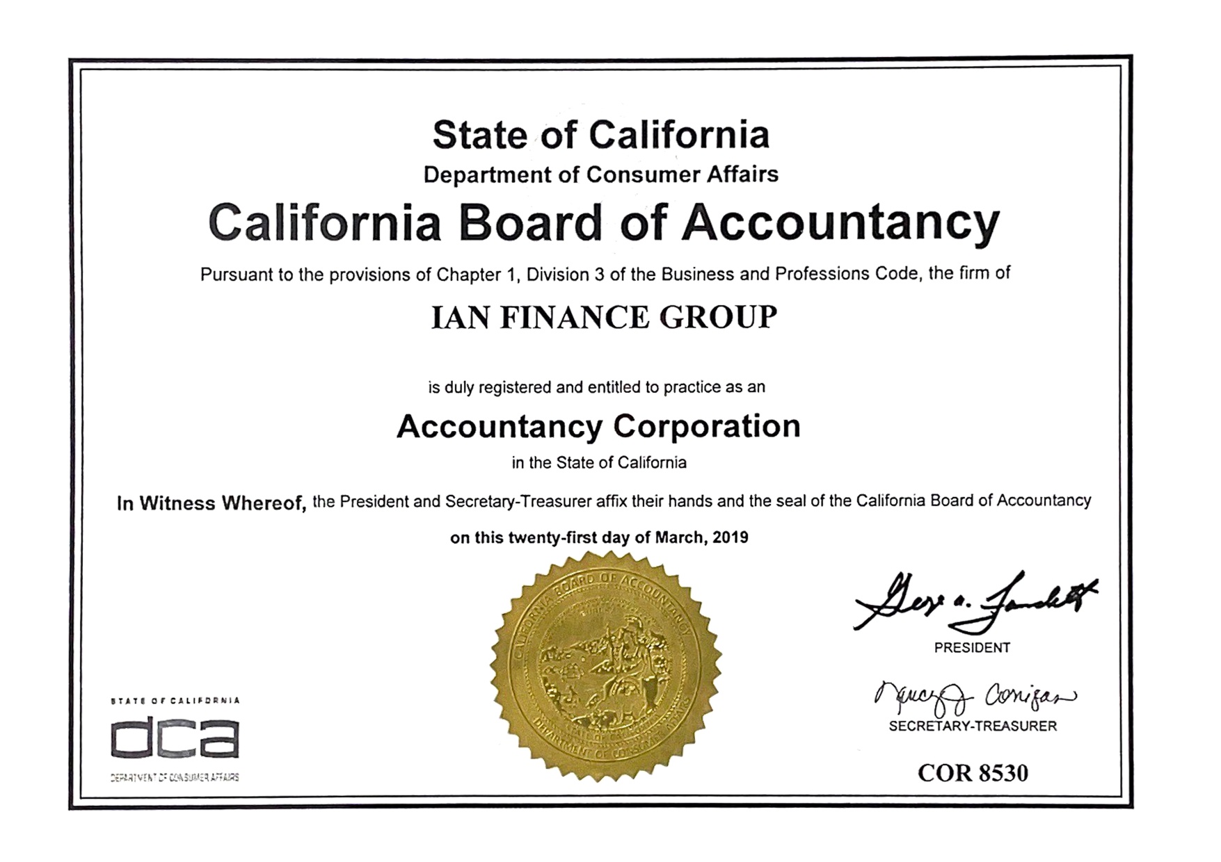 IAN加州会计事务所牌照