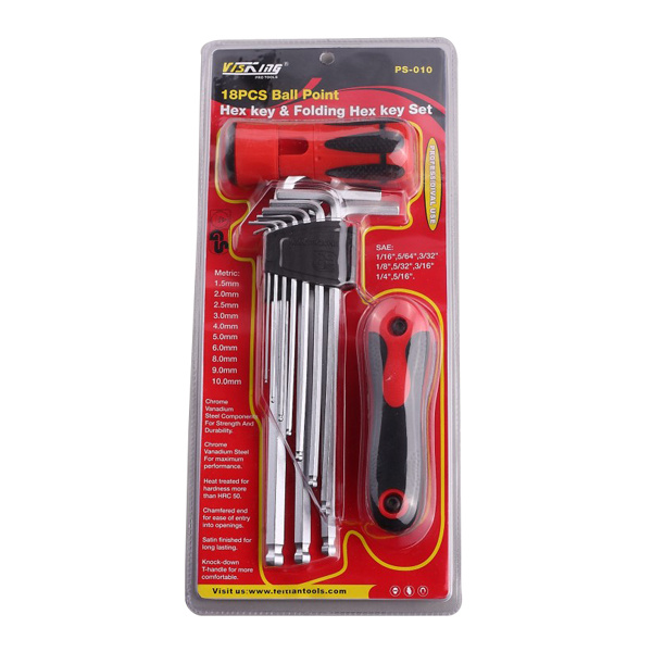 18pc Extral long arm ball point hex key and folding hex key set