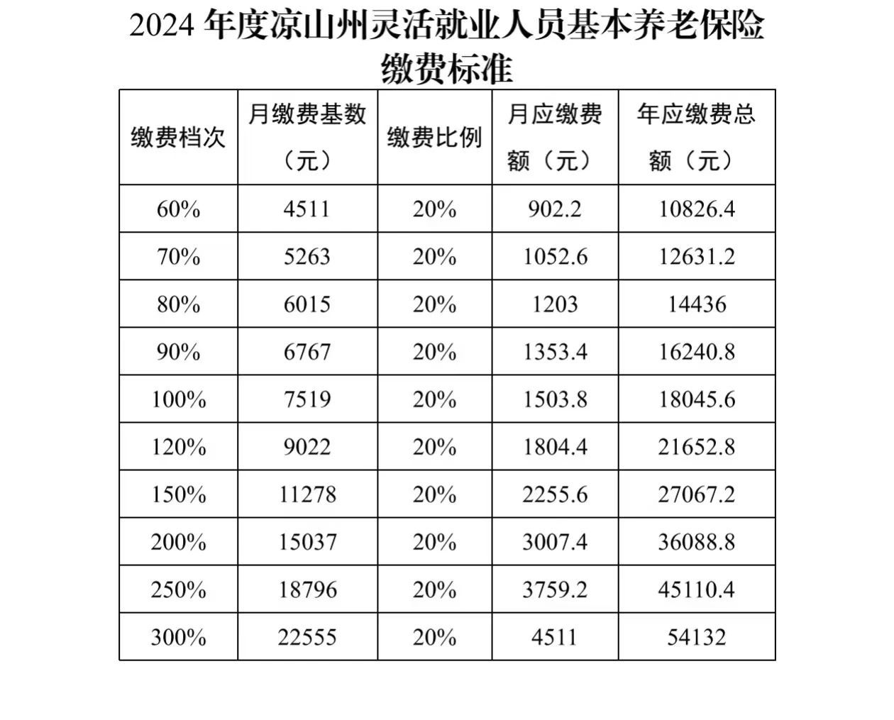 凉山2024年灵活就业人员养老保险缴费档次及标准