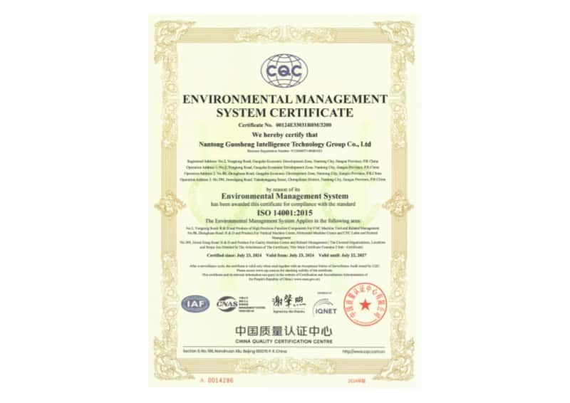 Environmental management system certification certificate