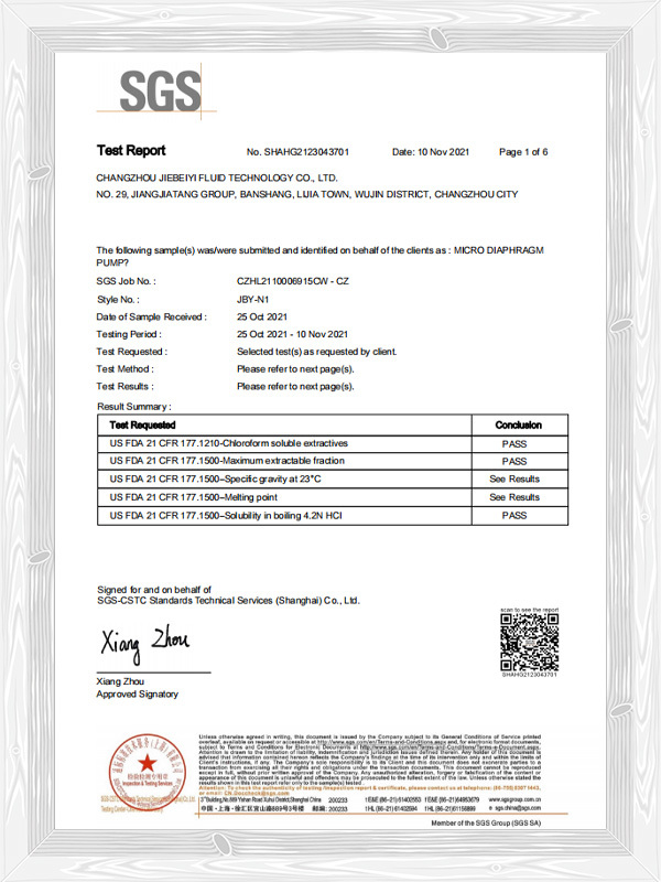 JBY-EP diaphragm pump FDA certification report