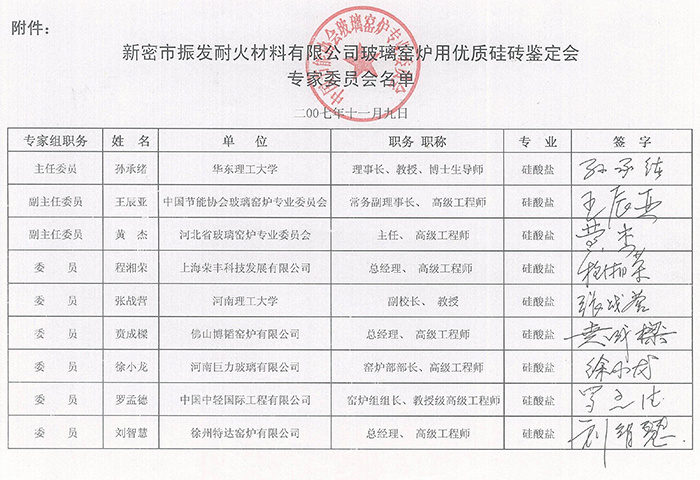 优质硅砖鉴定会专家委员会名单