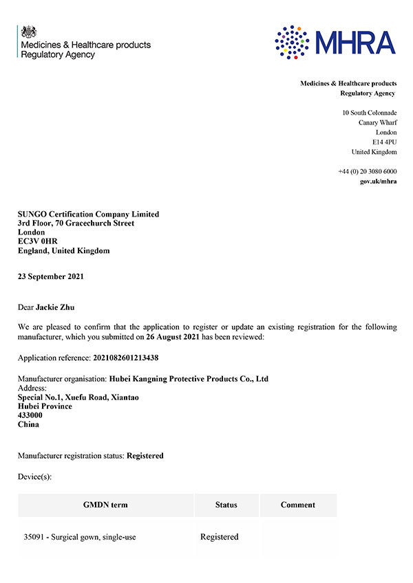 Surgical gown MHRA Registration?Confirmation?Letter