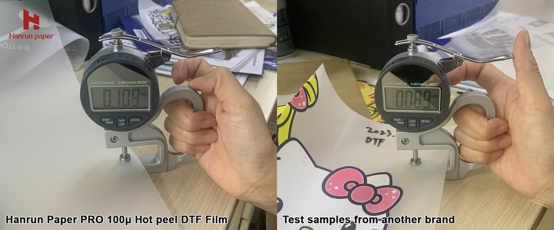 100μ hot peel dtf film thickness test Hanrun Paper